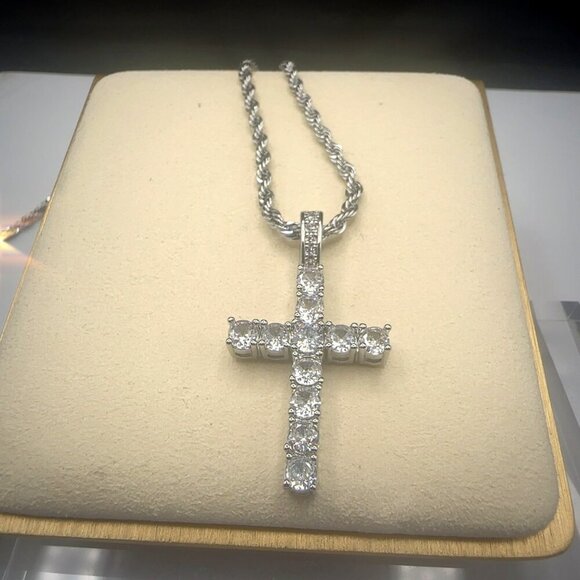Cubic Zirconia Cross Pendant Necklace With Rope Chain Stainless Steel Silver Pla - Picture 5 of 7